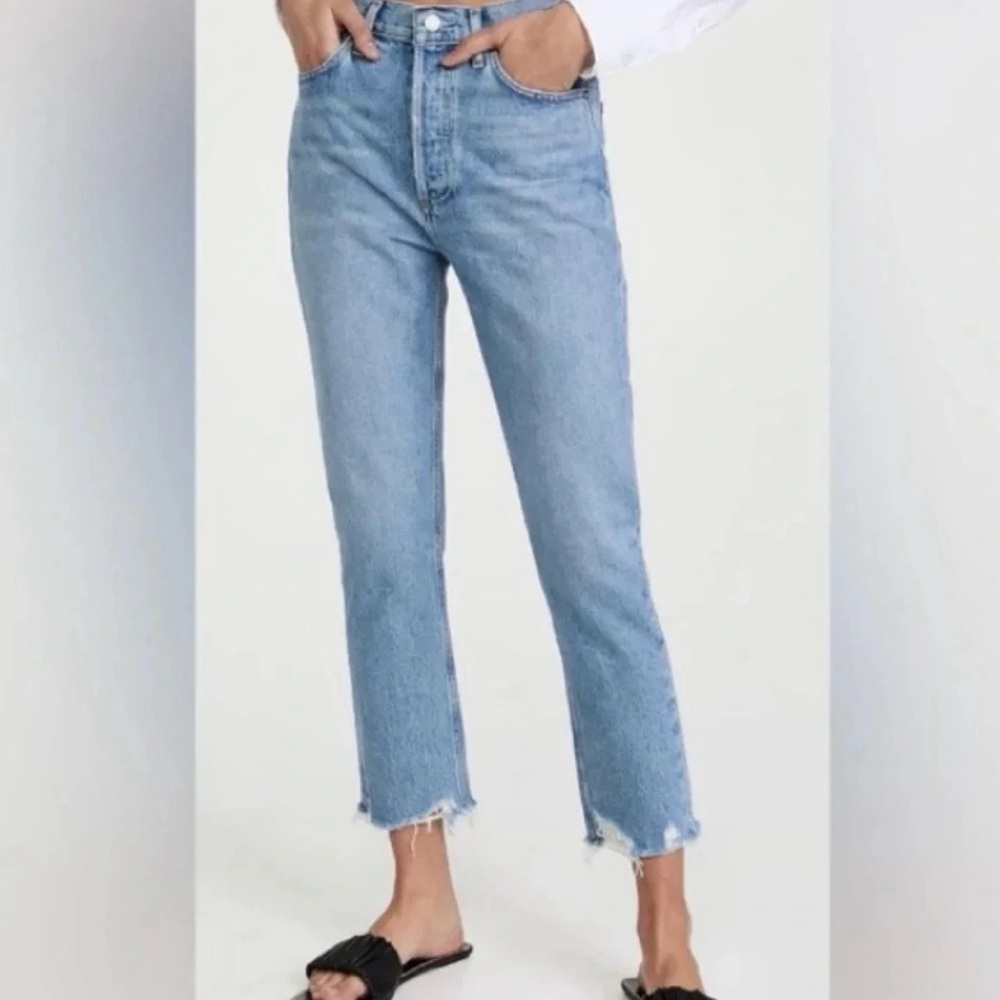 NWOT AGOLDE Riley Crop high rise raw hem button fly light wash jeans 24